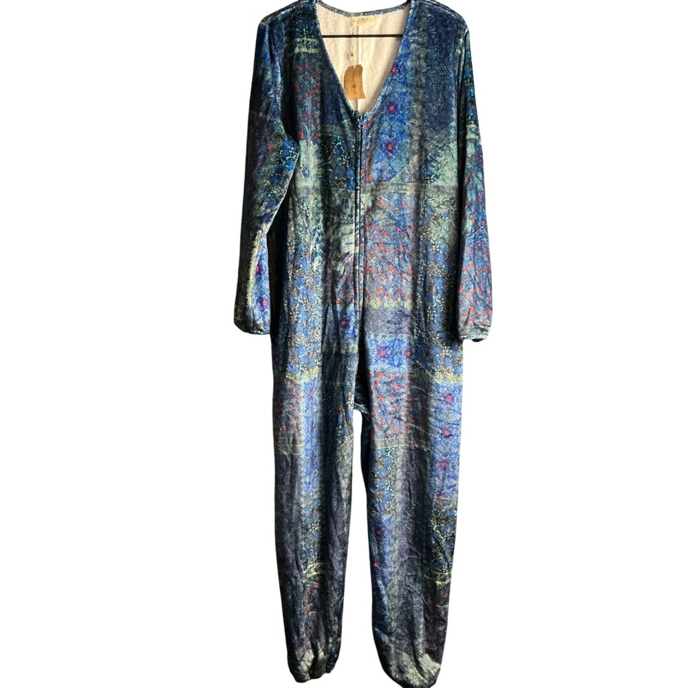 Natural Life Pajama Jumpsuit Loungewear Blue Print Full Zip Size XS